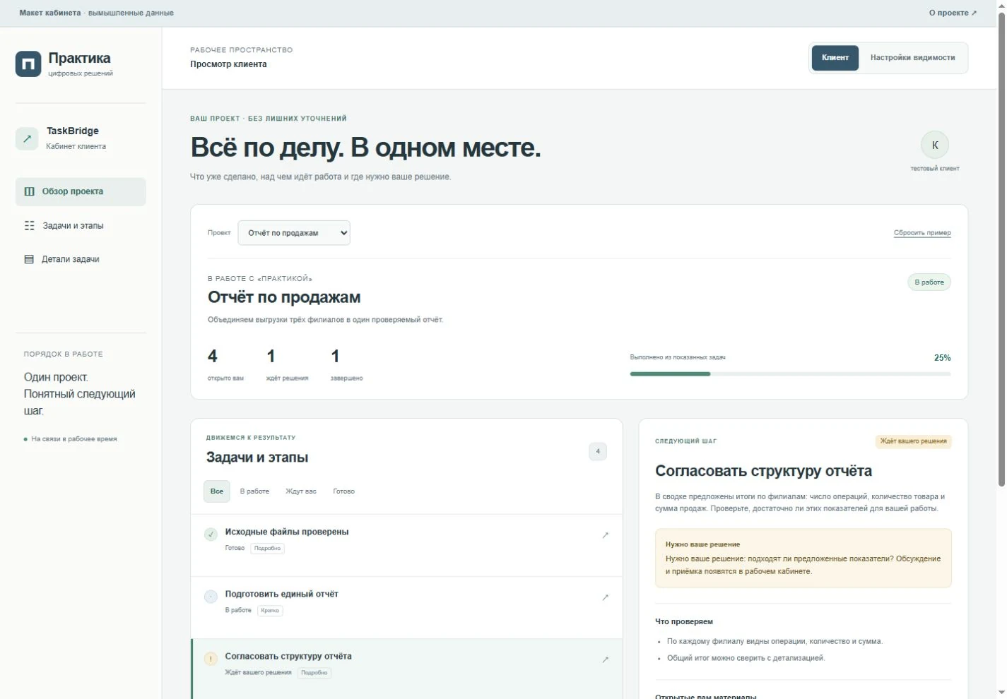 Макет кабинета TaskBridge: проект «Отчёт по продажам», четыре открытые клиенту задачи и согласование структуры отчёта